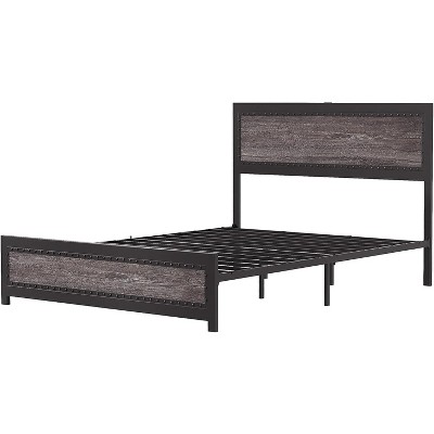 homfan Bed Frame, Industrial Design Platform Bed Frame with Headboard and Metal Slated Frame, No Spring Box Need, Easy Assembly