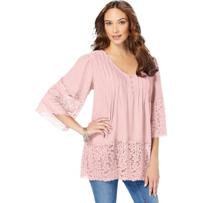 Roaman's Women's Plus Size Lace-Hem Pintuck Tunic