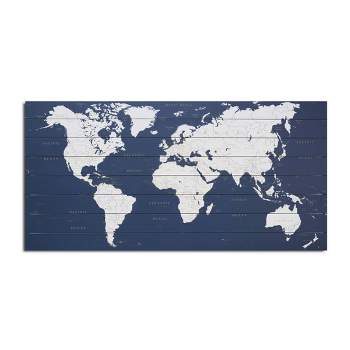 25" x 50" World Map Dark Print on Planked Wood Wall Sign Panel Dark Blue - Gallery 57