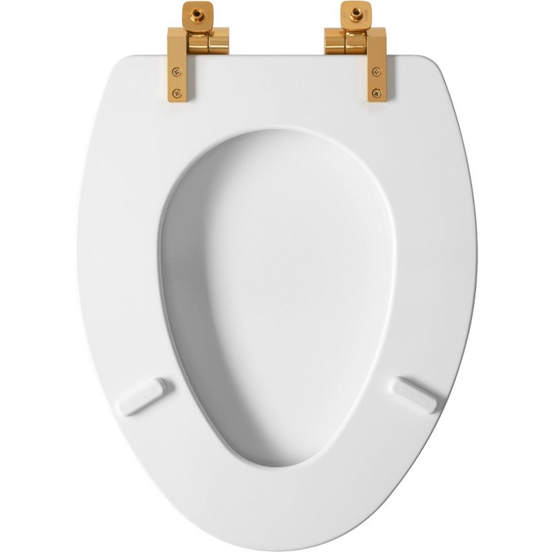 Benton Soft Close Elongated Enameled Wood Toilet Seat Never Loosens Brushed Gold Hinge White - Mayfair by Bemis, 4 of 9