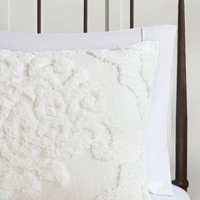 White Tufted Cotton Chenille Damask King Duvet Set