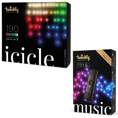 Twinkly Smart Decorations Custom 190 Bulb LED AppControlled Icicle Lights Bundle with Music Dongle USB-Powered Music Player for String Lights