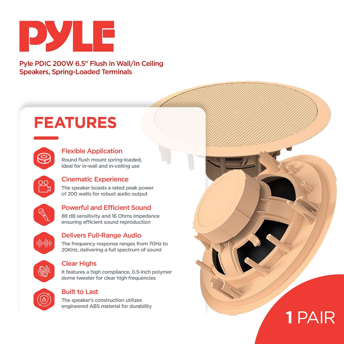 Pyle 2 Pair Speakers, 200W 6.5" Round Flush Mount In Wall/In Ceiling Home Speakers with Spring-Loaded Terminals, PDIC Series, Tan - thumbnail 2