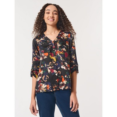 Jones New York Printed Button-Front Collarless Tunic - S