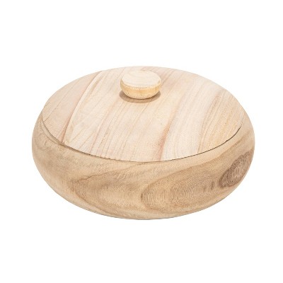 Natural Brown Paulownia Wood Round Container with Lid