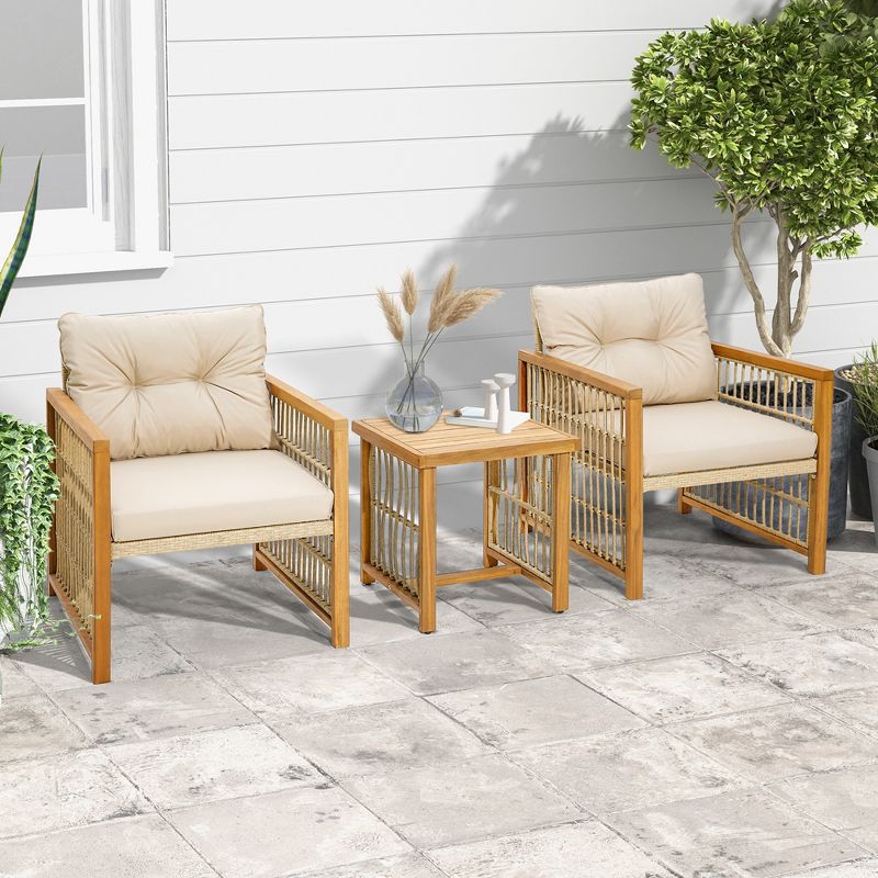 Costway 3PCS Patio PE Wicker Conversation Set Acacia Wood Frame withSeat & Back Cushions, 2 of 9