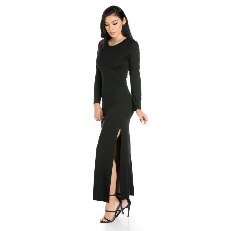 24seven Comfort Apparel Long Sleeve Side Slit Fitted Black Maxi Dress, 2 of 7