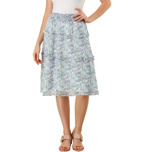 Allegra K Women's Floral Print Smocked Elastic Waist Midi Flowy Tiered Ruffle Skirt - 1 of 4