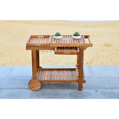 Transitional Acacia Wood Serving Cart with Wine Rack and Storage