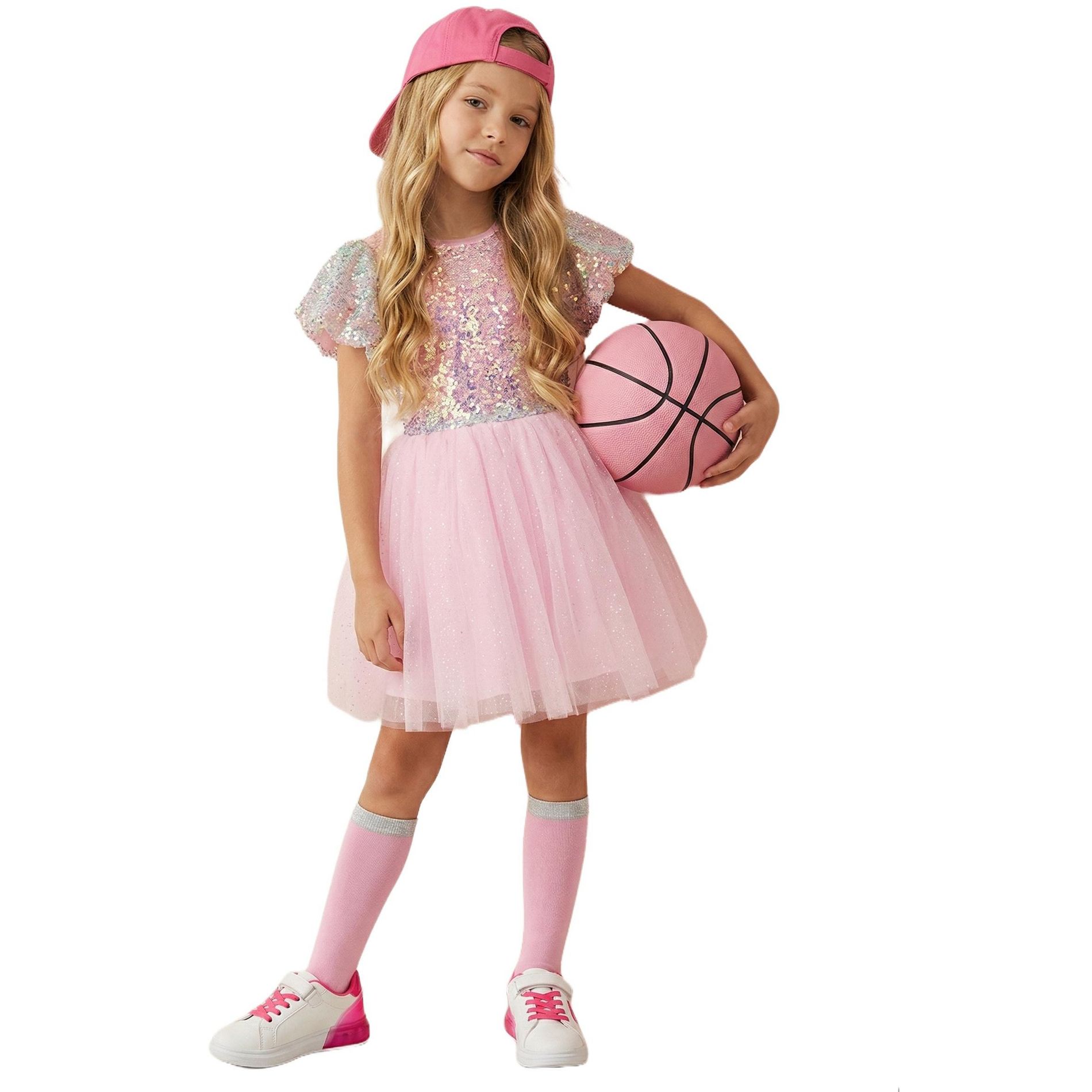 2Bunnies Girls' Ombre Sequin Sparkle Tulle Puff Sleeve Dress