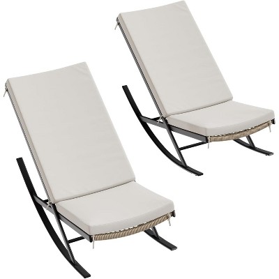 Patio Rocking Chairs Set of 2 with Wicker Frame and Metal Base, Outdoor Pool Rocking Lounge Chair with Comfort Cushion, Beige