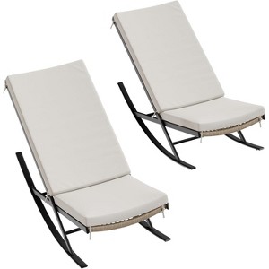 Patio Rocking Chairs Set of 2 with Wicker Frame and Metal Base, Outdoor Pool Rocking Lounge Chair with Comfort Cushion, Beige - 1 of 4