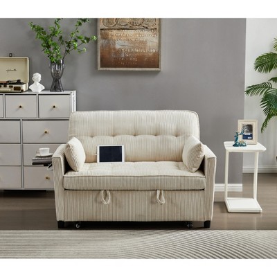 TiramisuBest 55" Corduroy Foldable Sofa Bed with Adjustable Backrest and USB Port, 2-Seat Convertible Sleeper Couch with Pillows, Dark Gray