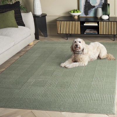 Hand-knotted Green Geometric Synthetic Square Area Rug