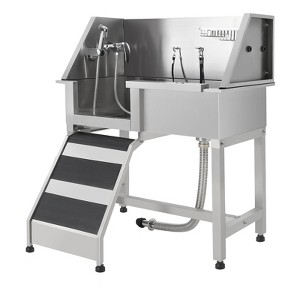 coucheta 38" Professional Stainless Steel Dog Washing Station – Dog Bathtub with Ramp, Non-Slip Grate, Left Stairs & Sliding Door for - 1 of 4