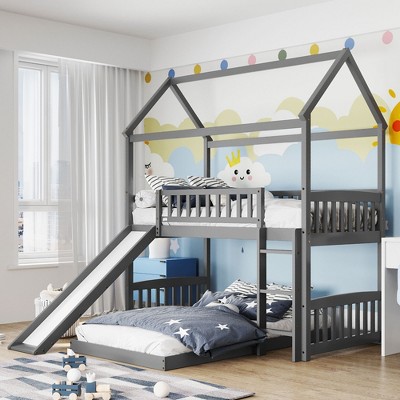 Twin Over Twin Bunk Bed, House Bed With Slide And Ladder, Gray ...