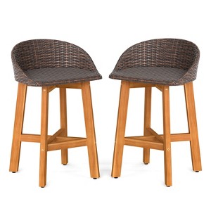 Costway Outdoor Faux Rattan Bar Chairs Set of 2/4 Solid Acacia Wood Bar Stools for Porch Brown/Gray - 1 of 4