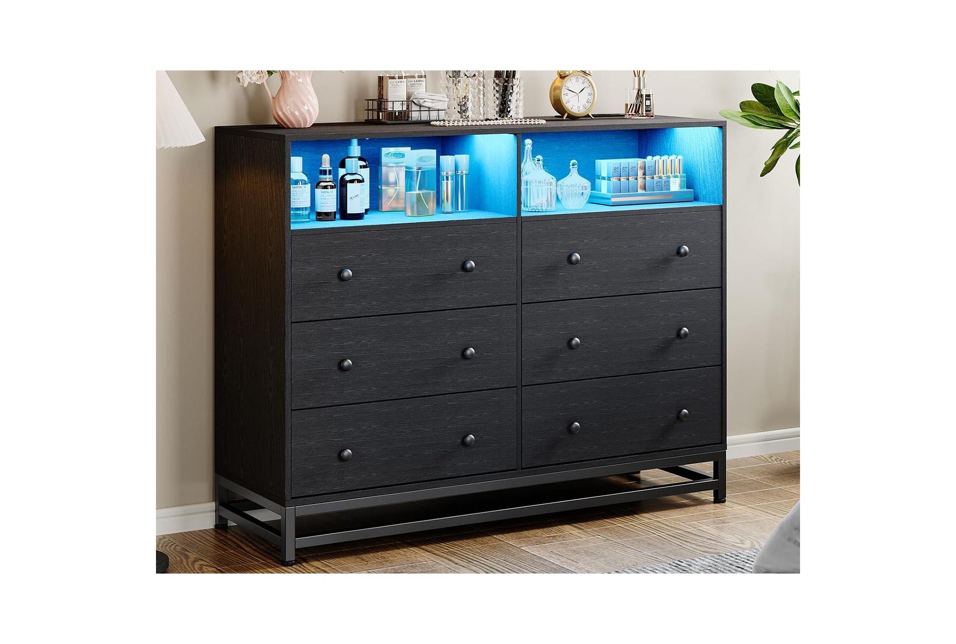6-Drawer Wide Dresser with Built-In Charging Station and LED Lighting, Modern Black Wooden Storage Chest for Bedroom, Large Capacity Organizer