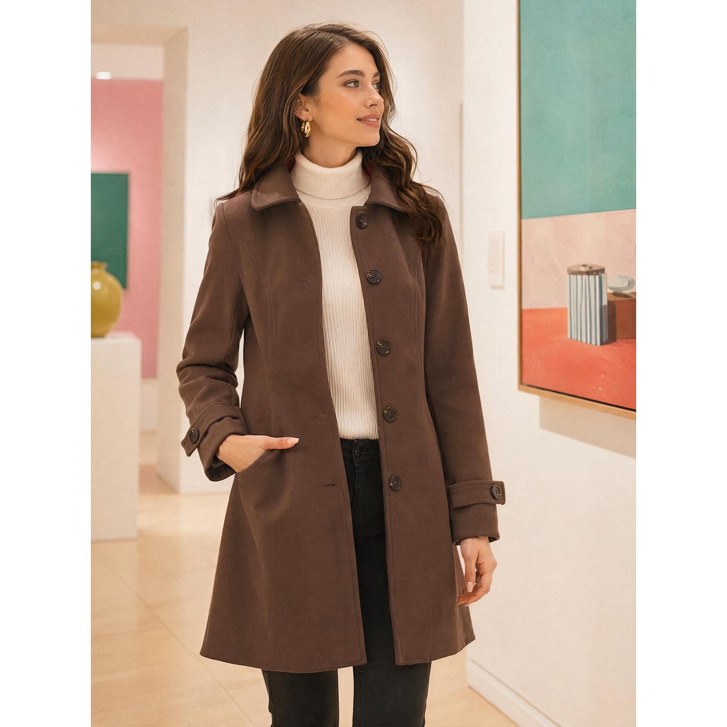 Женская куртка Allegra K Winter Outerwear Peter Pan Collar Mid-thigh A-line Single Breasted Coat Coffee — фото 2