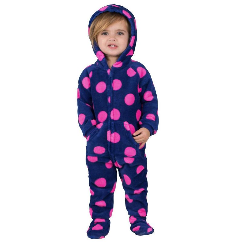 Footed Pajamas - Family Matching - Navy Pink Polka Hoodie Chenille Onesie For Boys, Girls, Men and Women | Unisex, 2 of 4