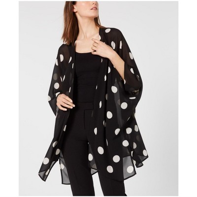 Anne Klein Womens Open Front Chiffon Kimono Top Blouse, Black, Small