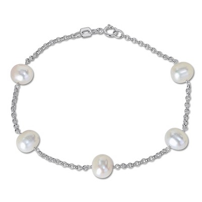EVERLY JEWELRY | 14K White Gold  6.5-7mm White Freshwater Cultured Round Pearls Bracelet, 16-inch