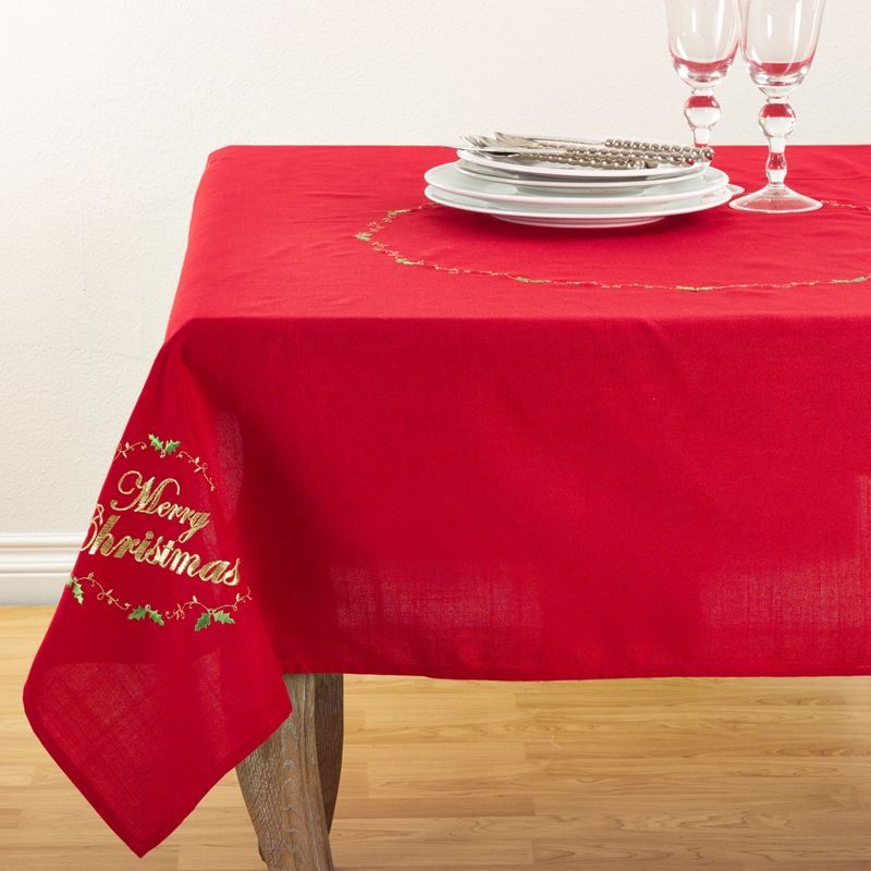 Saro Lifestyle Merry Christmas Embroidered Design Holiday Tablecloth, 54"x54", Red, 1 of 5