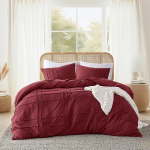 3Pcs Comforter set Pinch Pleat Comforter for All Seasons, Grid Pattern Lightweight Bedding Set, Solid Chic Vintage Style Farmhouse Bed Comforter Sets - 1 of 4