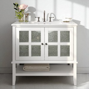 36 Inch Bathroom Vanity with Ceramic Sink, Solid Wood Legs, Adjustable Shelf, Open Storage - 1 of 4