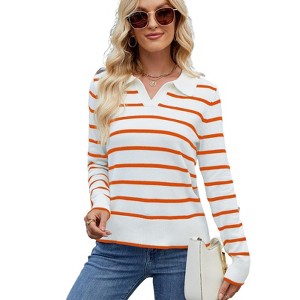 Garvee Women's Polo Sweater Striped Collared Lightweight Long Sleeve V Neck Pullover Fall Sweater Tops - 1 of 4