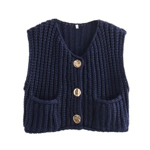 Sleeveless Cropped Button Down Cardigan Sweater Vest for Women Trendy Crochet Cable Knit Tops with Pockets - 1 of 3