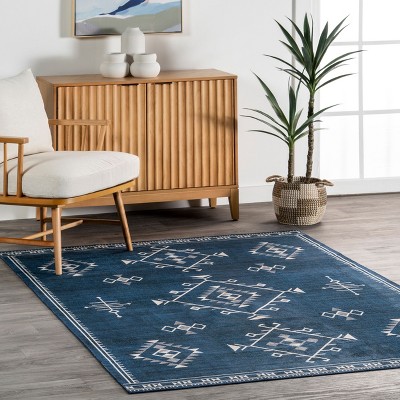 Navy Rectangular Reversible Washable Synthetic Area Rug, 3' x 5'