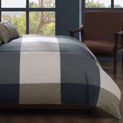 Bebejan Checkered Navy Tan 100% Cotton Sateen 5 Piece Plaid Reversible Comforter Set, All Season Bedding Set - Queen — фото 6