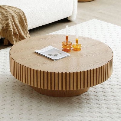 CENGHU Nesting Round Wood Coffee Table, Modern Handcraft Drum Side Table with Sturdy Pedestal, End Table, Nightstand for Living Room, Bedroom