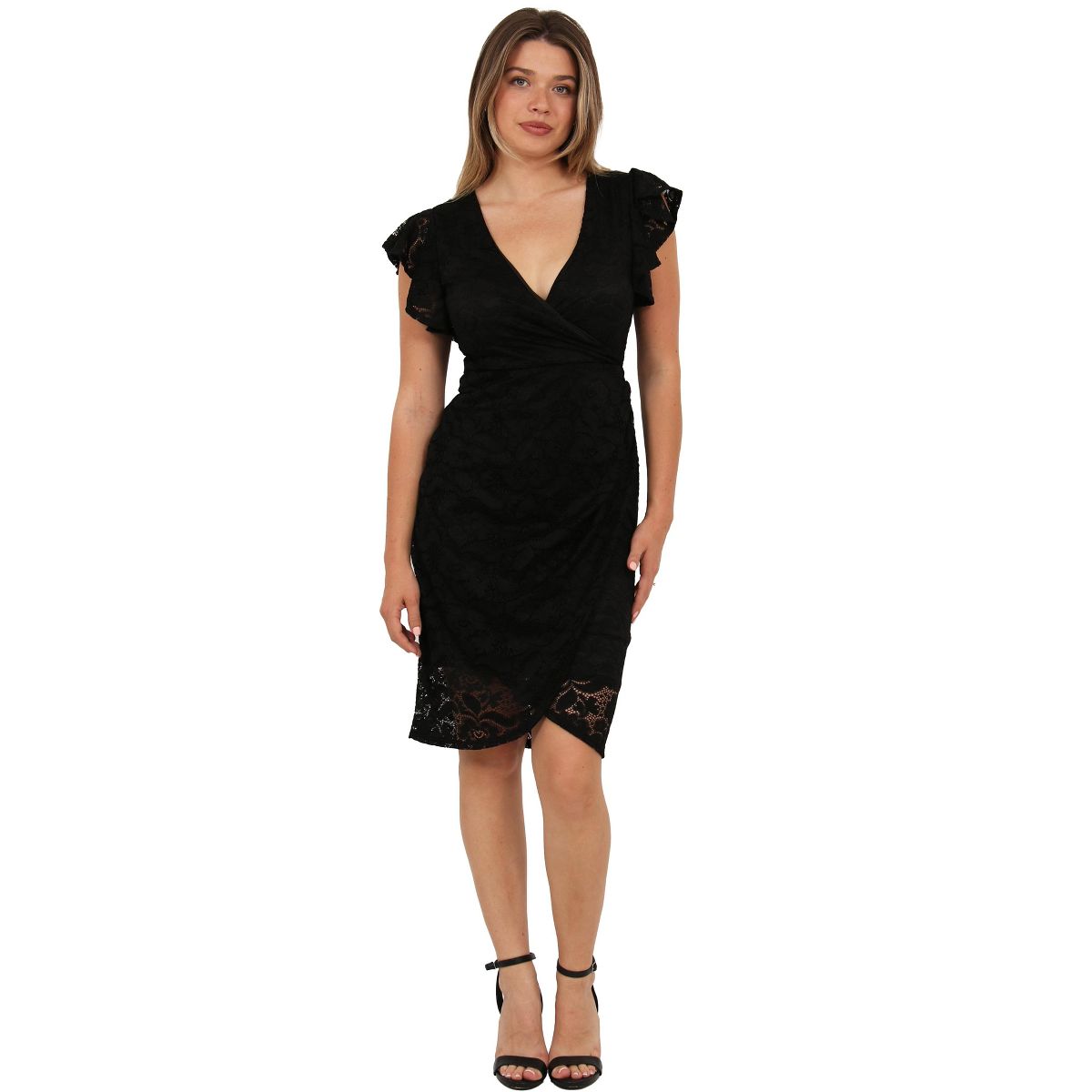 Womens Elevate Lace V Neck Flutter Sleeve Faux Wrap Midi Dress - 24seven Comfort Apparel™