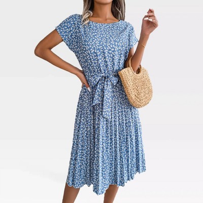 Womens Floral Pleated Dress Cap Sleeve Round Neck Belted Skater Midi Dress Short Sleeve Casual Dress for Summer