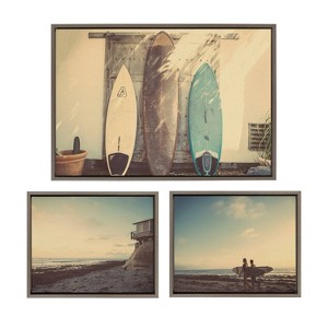 Kate & Laurel All Things Decor (Set of 3) Sylvie House on Beach Surfboards and Surfers Framed Canvas WallArts by Saint and Sailor Studios - 1 of 4