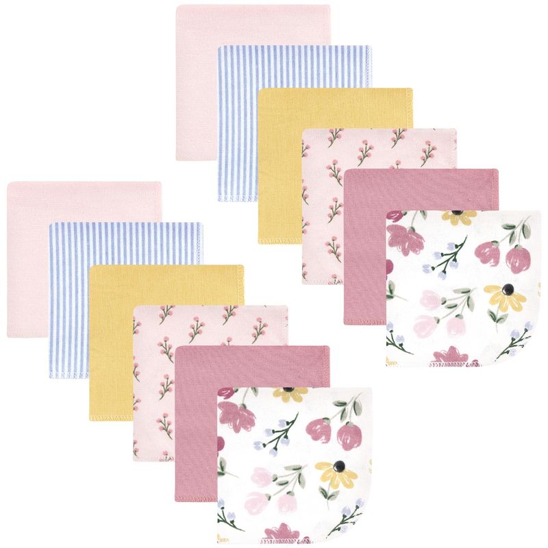 Hudson Baby Infant Girl Flannel Cotton Washcloths, Soft Painted Floral 12 Pack, One Size, 1 of 9