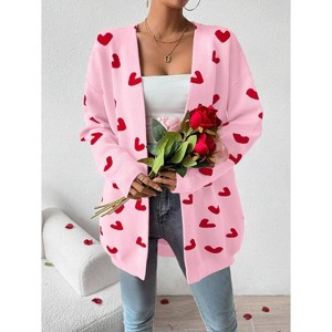 Heart Cardigan Sweater for Women Oversized Valentine Cardigan Cute Love Print Open Front Knit Sweaters Coat with Pockets - 1 of 4