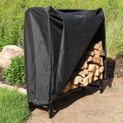 4-Foot Black Steel Firewood Log Rack with Weather-Resistant Cover