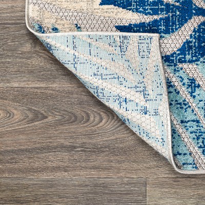 Gray and Blue Palm Leaves Indoor/Outdoor Area Rug