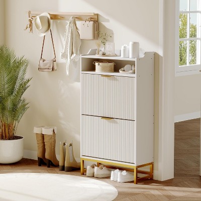 Narrow Shoe Cabinet Storage for Entryway, Modern Fluted Shoe Rack with 2 Flip Drawers and Open Shelf, Slim Shoe Organizer for Hallway