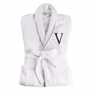 Modern Cotton Absorbent Traditional Adult Unisex Solid with Monogram Bath Robe by Blue Nile Mills - 1 of 4