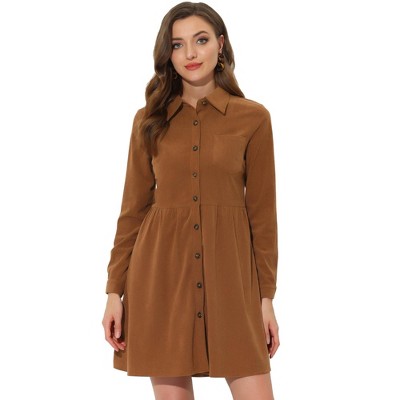 Allegra K Women's Turn Down Collar Long Sleeve Corduroy Button Down Shirt Dress