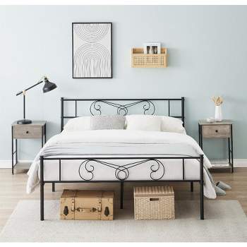 Whizmax Black Twin Size Bed Frame with Storage, Metal Bed Frame with Vintage Pattern Headboard and Footboard, Mattress Foundation, Easy Assembly