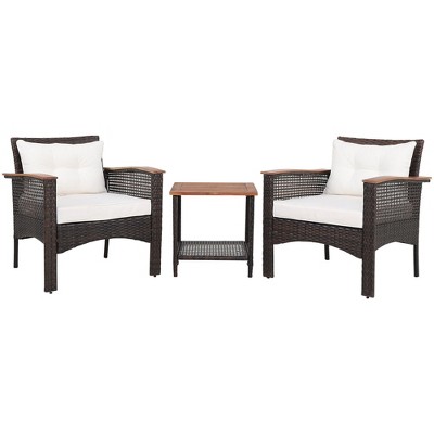 Tangkula 3PCS Patio Conversation Furniture Set PE Rattan Sofa Set W/Wood Top Table