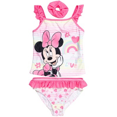 Disney Princess Princess Minnie Mouse Frozen Belle Elsa Princess Anna Girls Tankini Top Bikini Bottom and Scrunchie 3 Piece Swimsuit Set Toddler