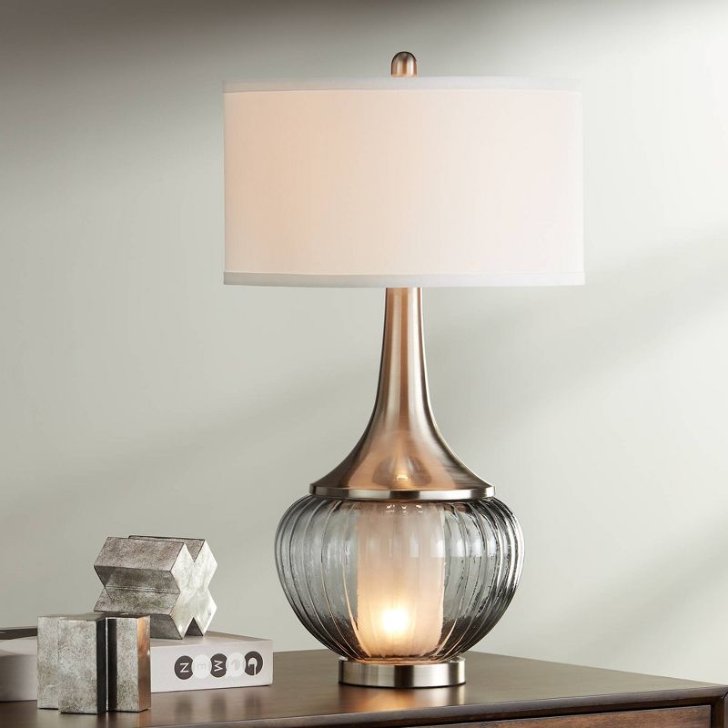 360 Lighting Courtney Modern Table Lamp 28 1/2" Tall Fluted Smoked Glass with Nightlight White Linen Drum Shade for Bedroom Living Room Nightstand, 2 of 8