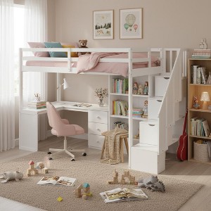 Whisen 94.4''L*57.4''W Wood Loft Bed with L-Shaped Desk and Drawers, Cabinet and Storage Staircase - 1 of 4