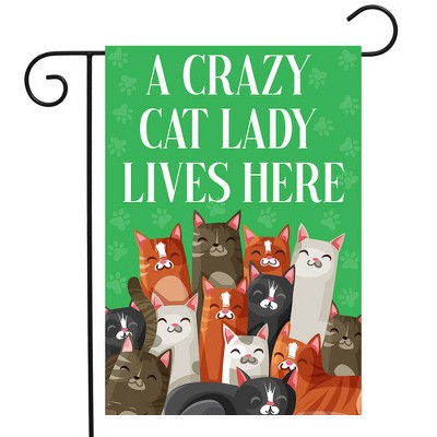 Cat Lady Garden Flag with Colorful Cats and Green Background